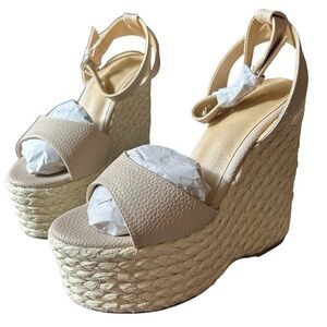 NWT Pretty Little Thing Nude Raffia Chunky Rope Ankle Strap Wedges Size 6